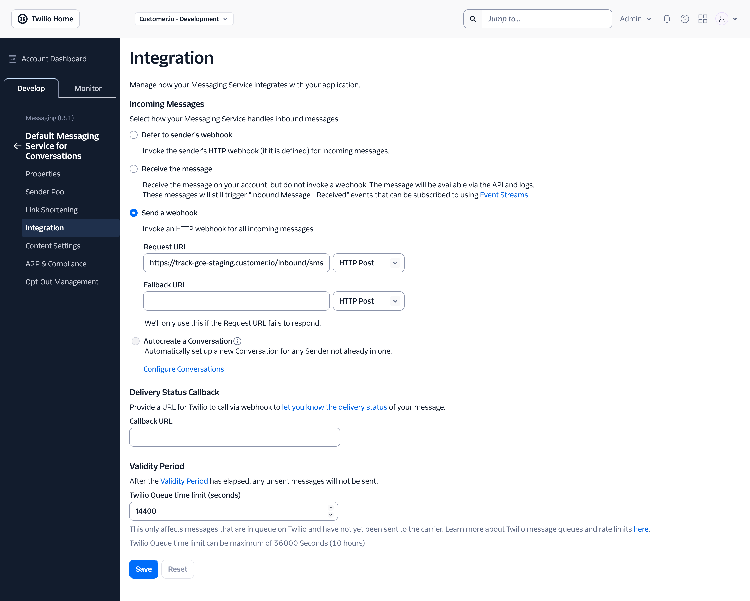 The Twilio integration page showing the webhook set up for Customer.io