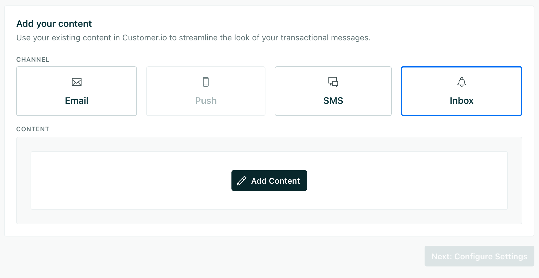 The inbox message type selection screen with the inbox message type selected