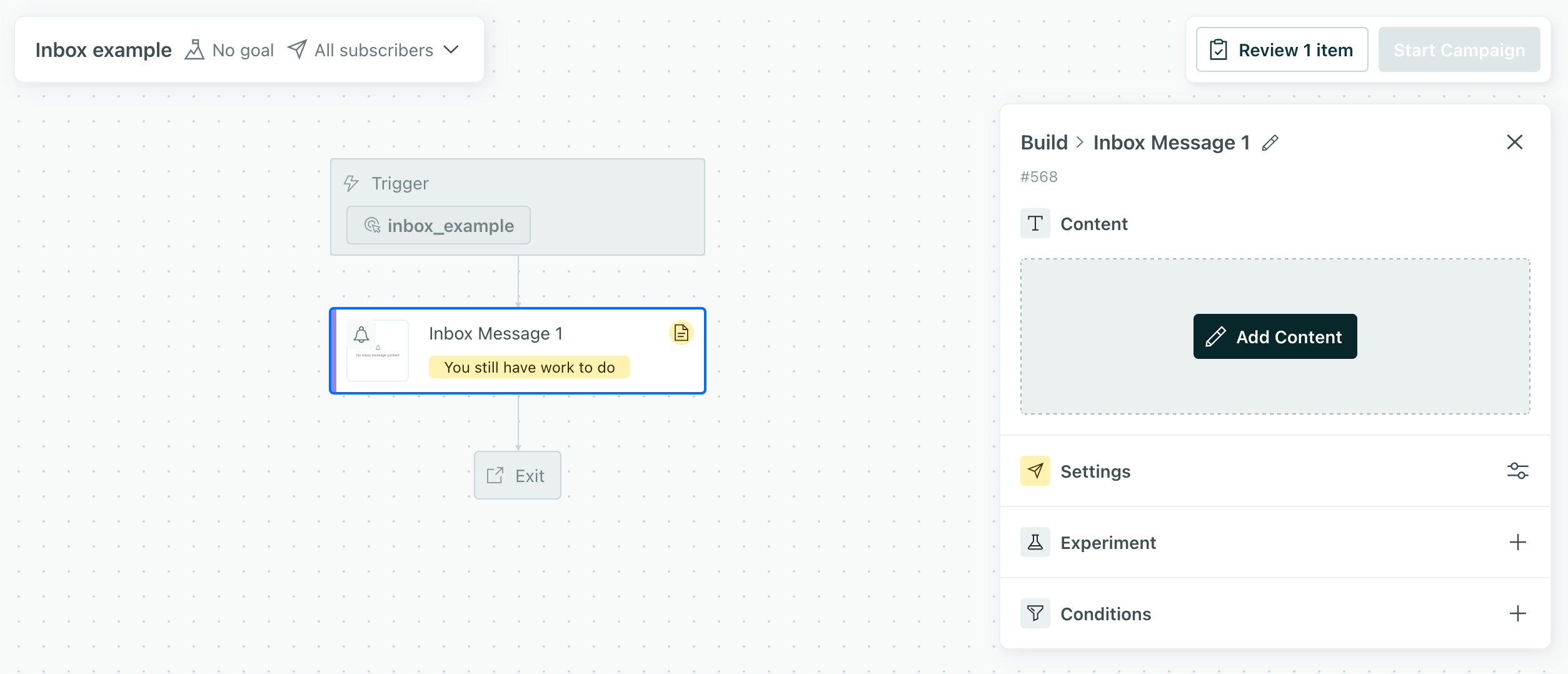 The inbox message content screen in the campaign editor