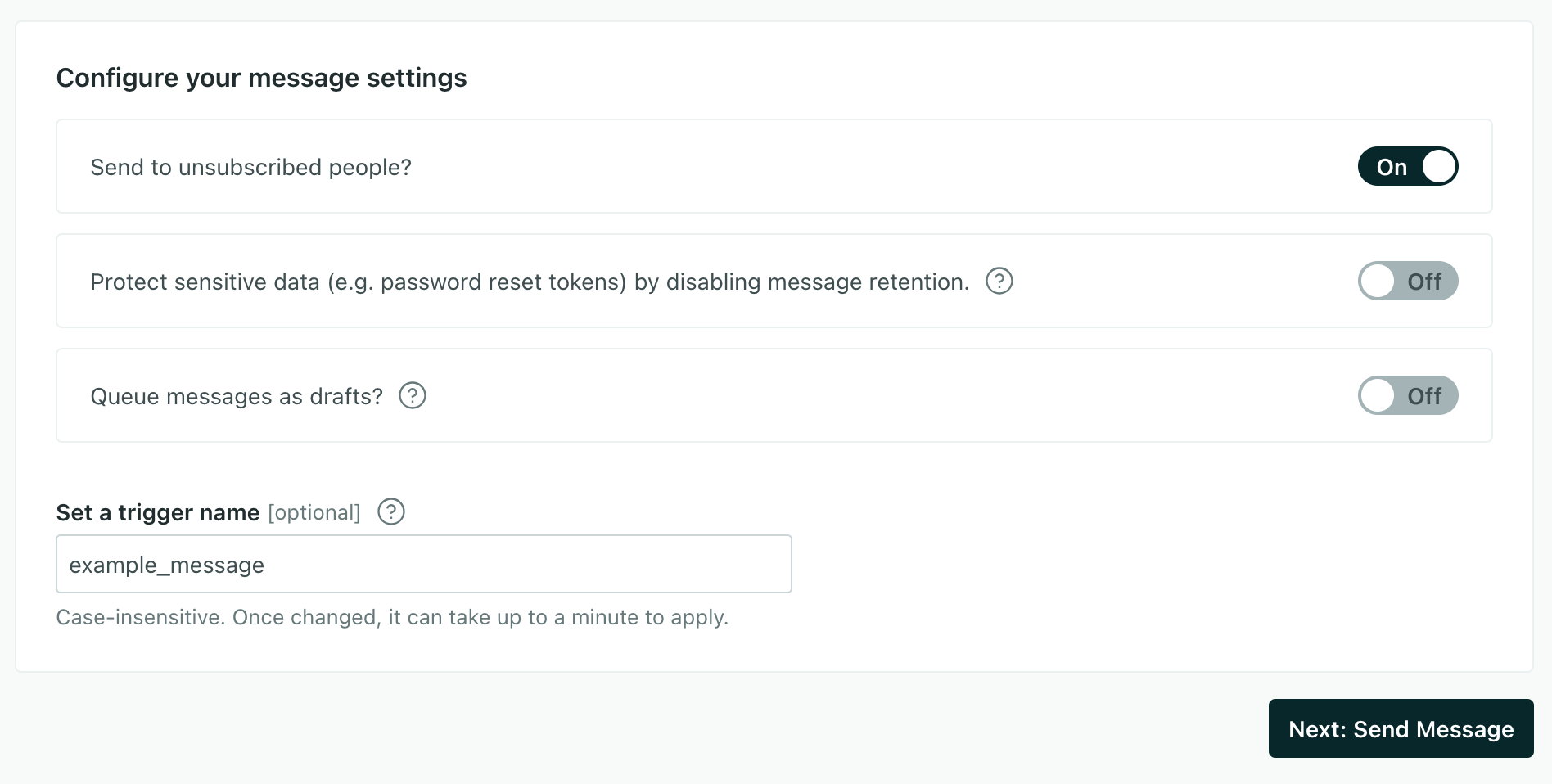 The inbox message settings screen with the message settings filled in. The trigger name is set to example_message.