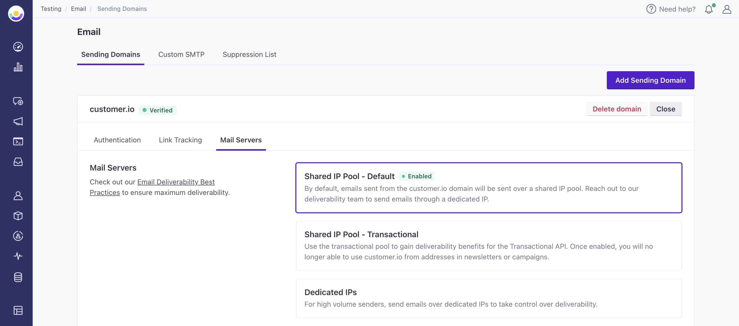 Under the Mail Servers tab of a domain, shared ip pool - default is selected.