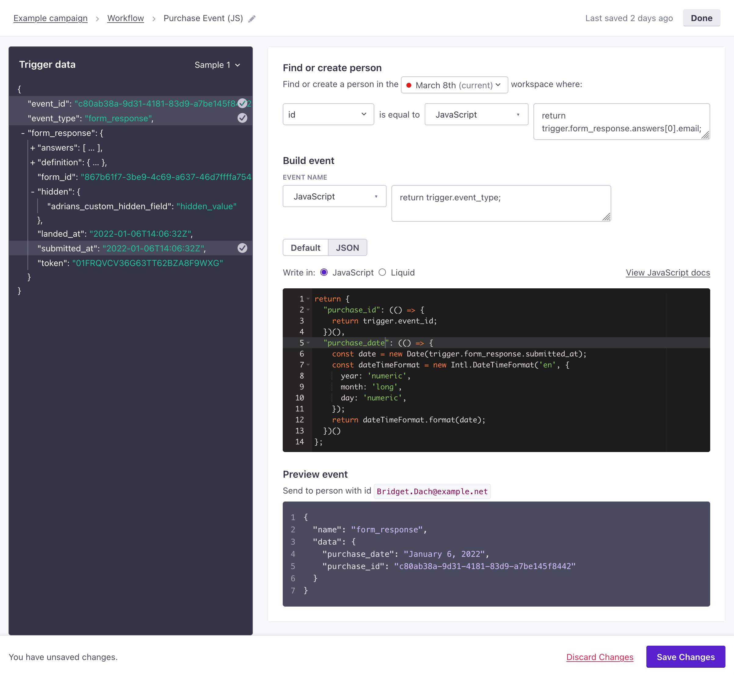 set event properties using JavaScript