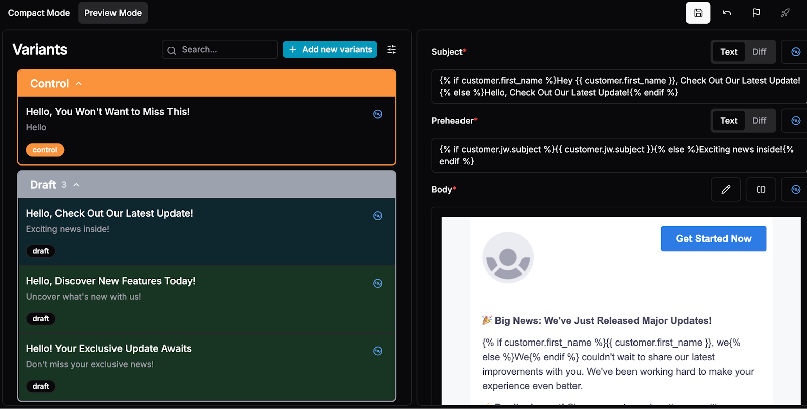 The approve variants page in Just Words, with the variants highlighted.