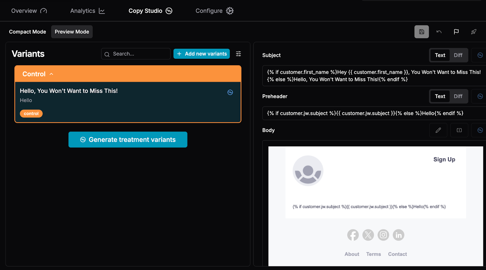 The copy studio page in Just Words, with the copy studio highlighted.