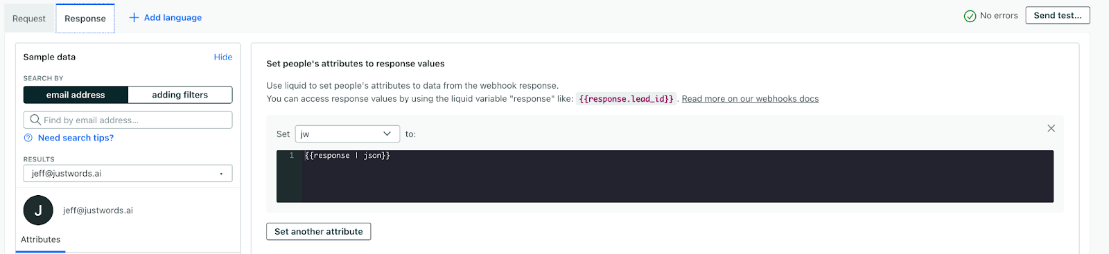 The response tab in Customer.io, with the response highlighted.
