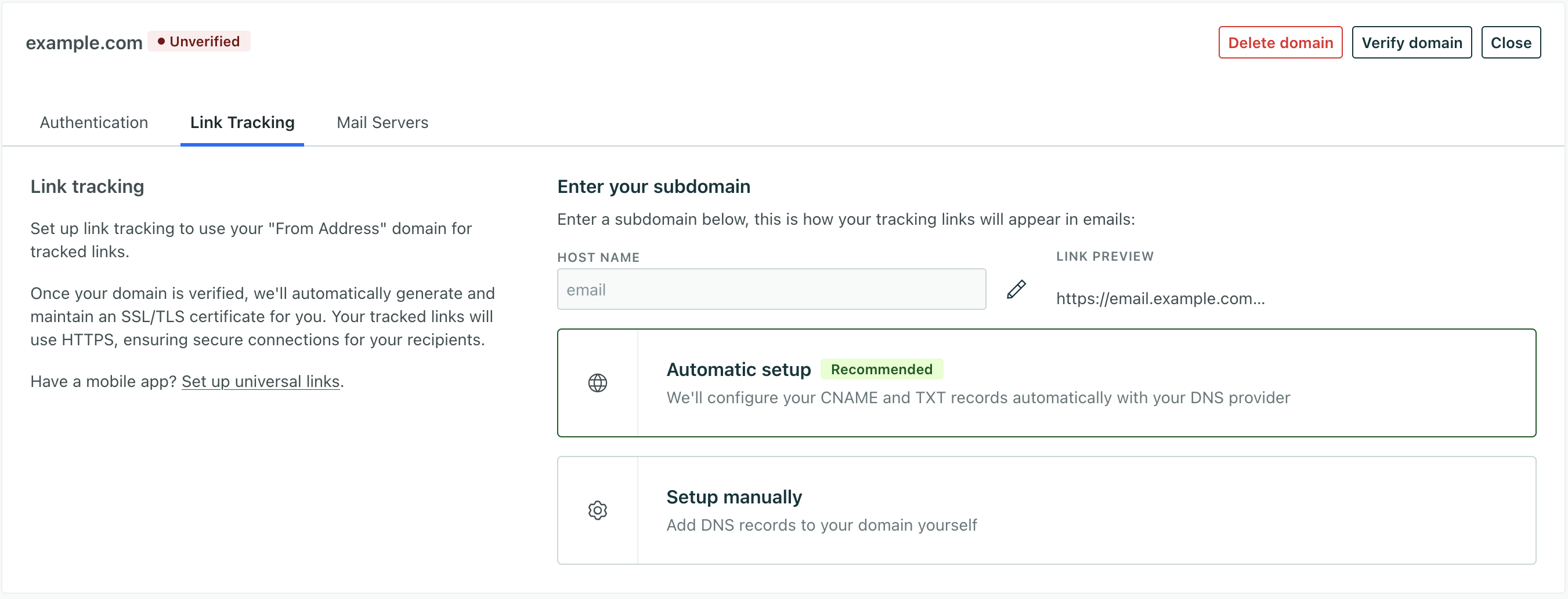 The link tracking tab for a domain showing the automatic setup option
