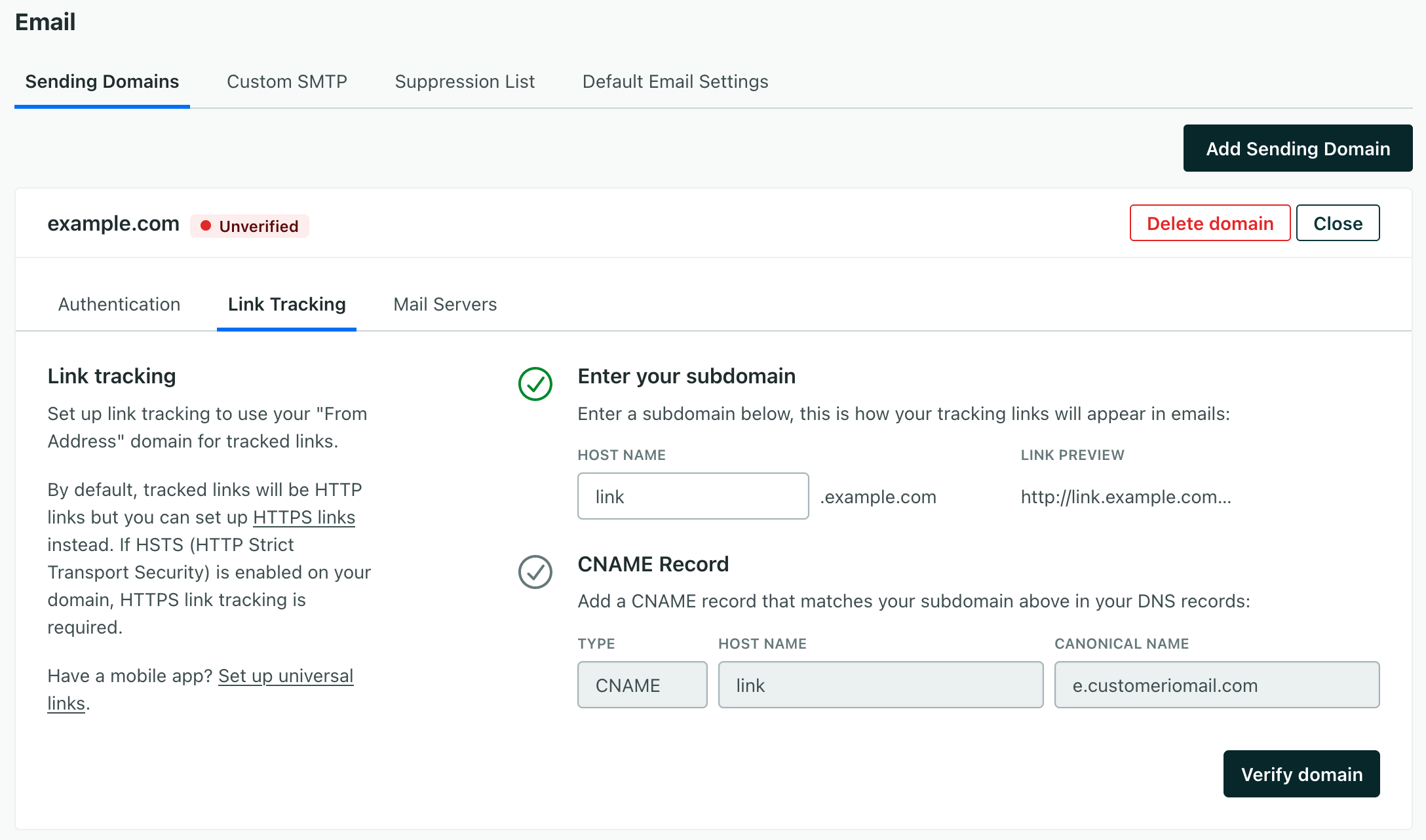 the Customer.io email settings page where you'll add your domain information for link tracking