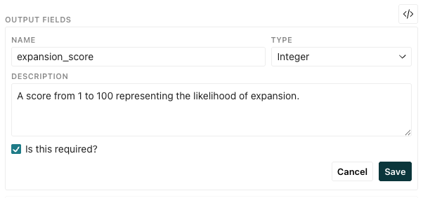 A filled in output field with a name, type and description. The checkbox for required is checked.