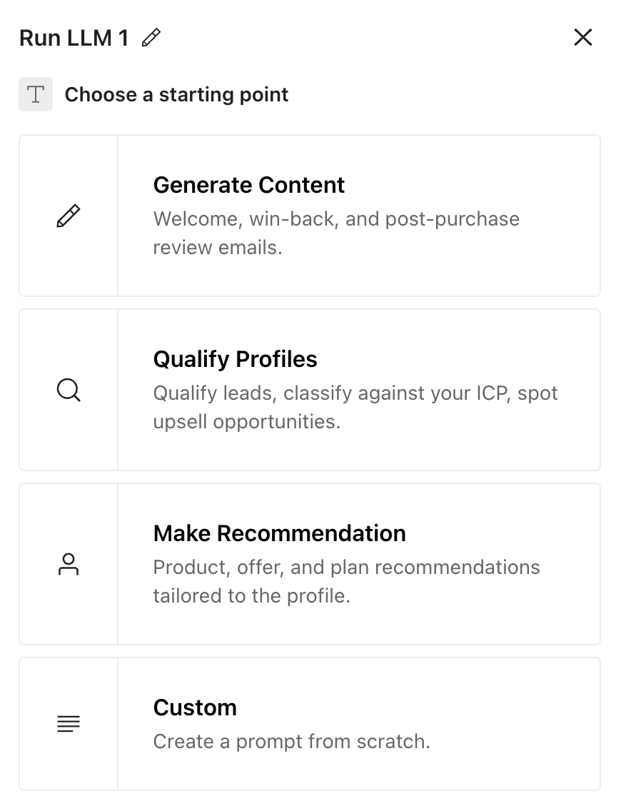 To the right of the LLM action is the configuration menu with options to edit content or add conditions.