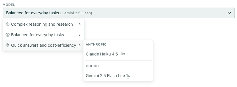 The model dropdown shows three use cases. Quick answers is opened and shows two models where one is 10x more than the base model.