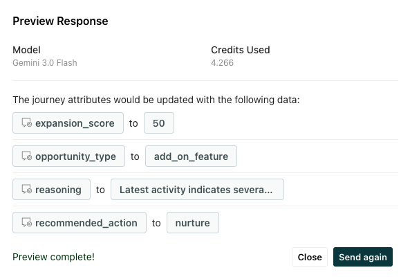 A pop-up modal shows a response from the LLM action including the model used, credits used, and attributes that would update.