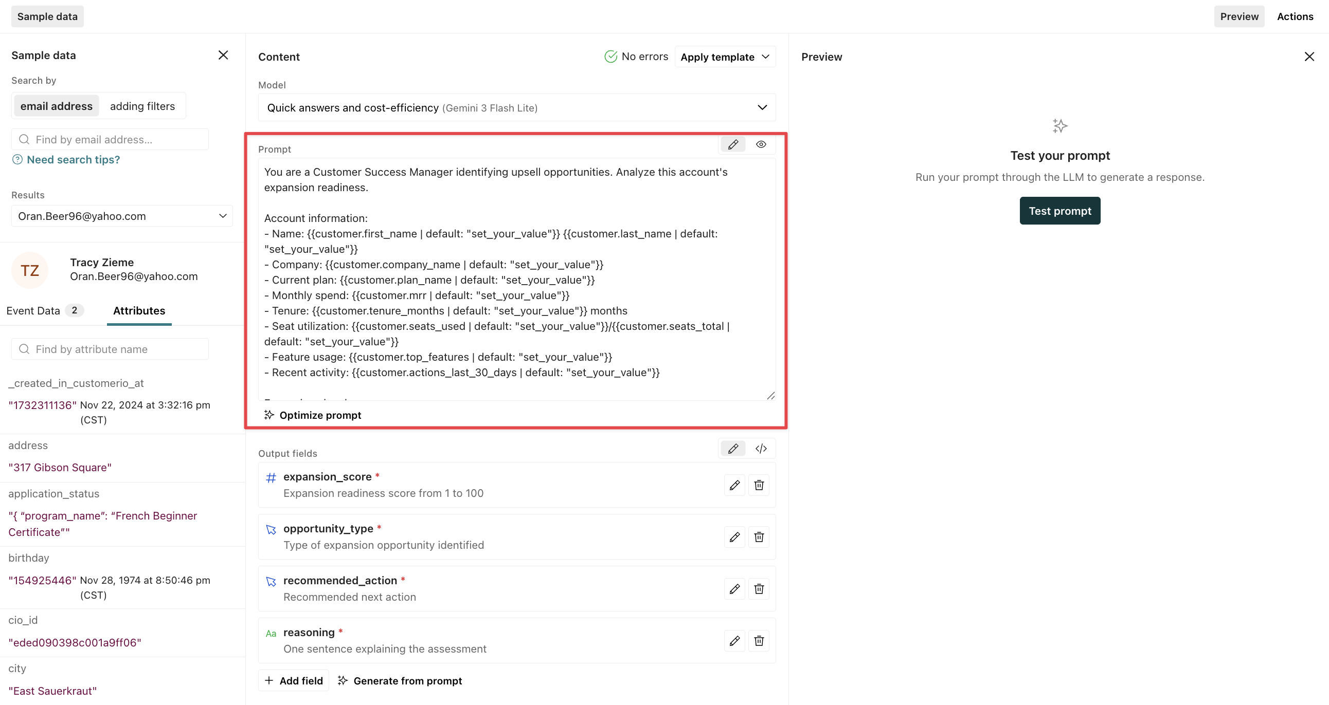 The LLM action prompt is a text area where you can add your prompt.