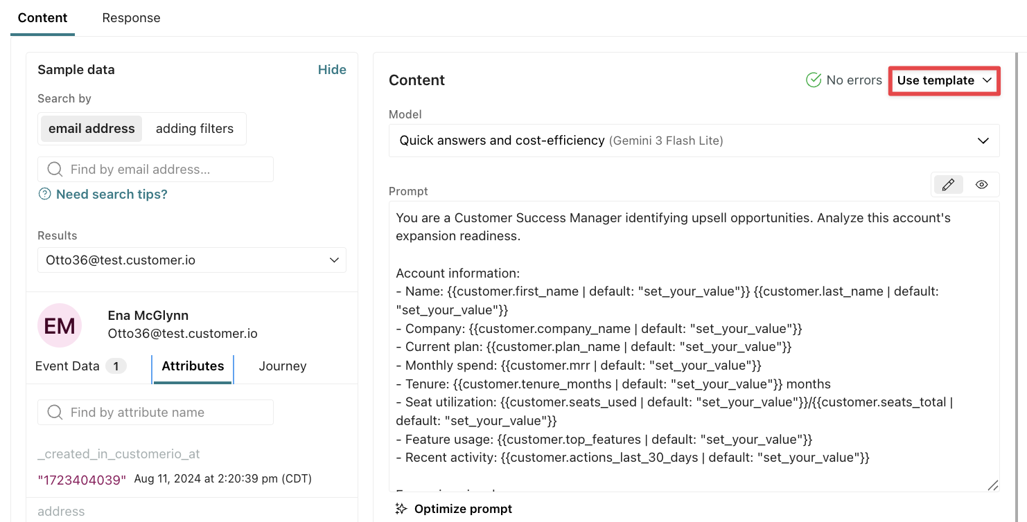 Use template is highlighted at the top of the LLM action prompt.