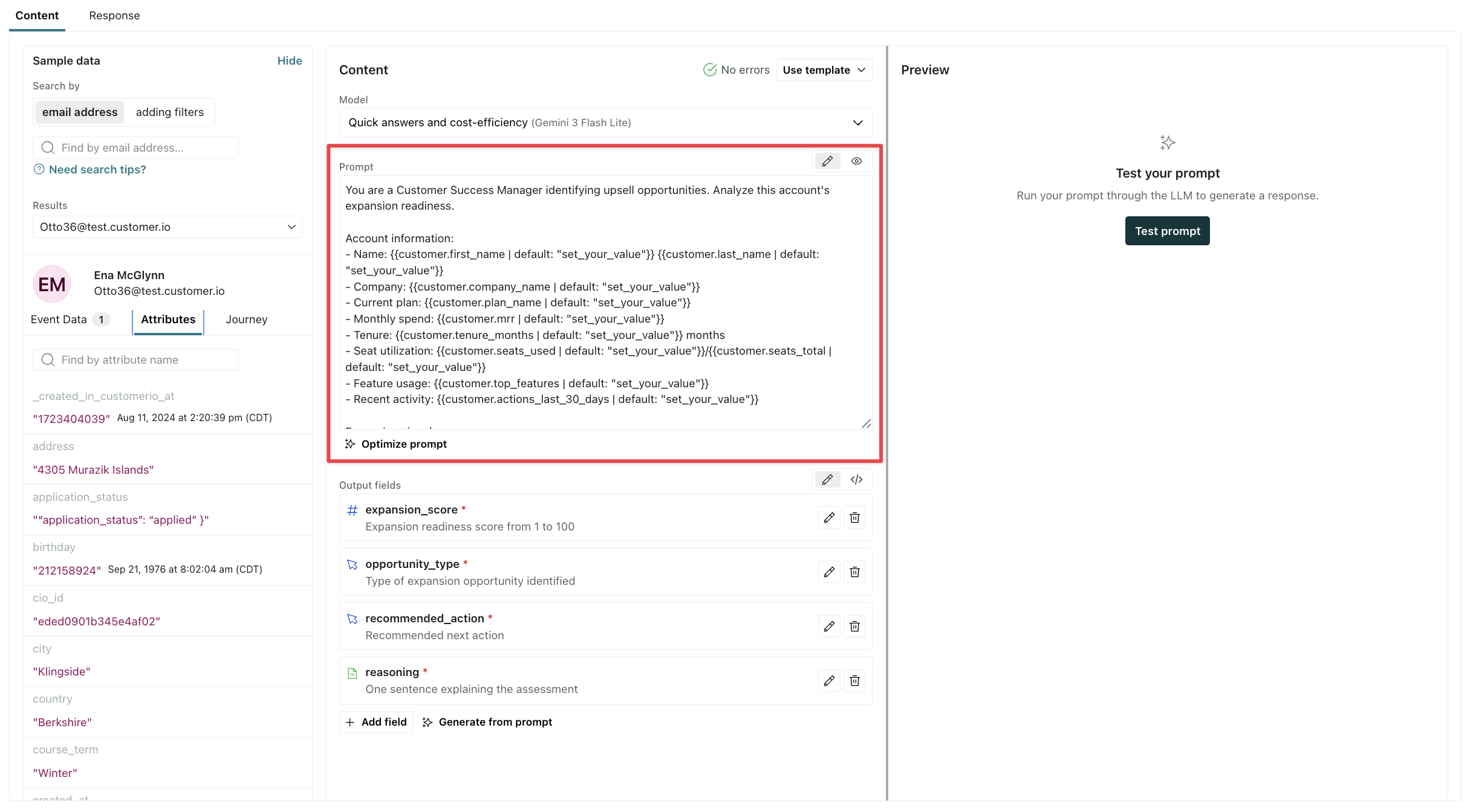 The LLM action prompt is a text area where you can add your prompt.