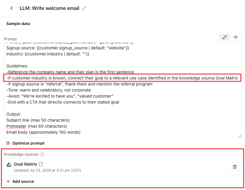 The prompt references the name of the knowledge source name.
