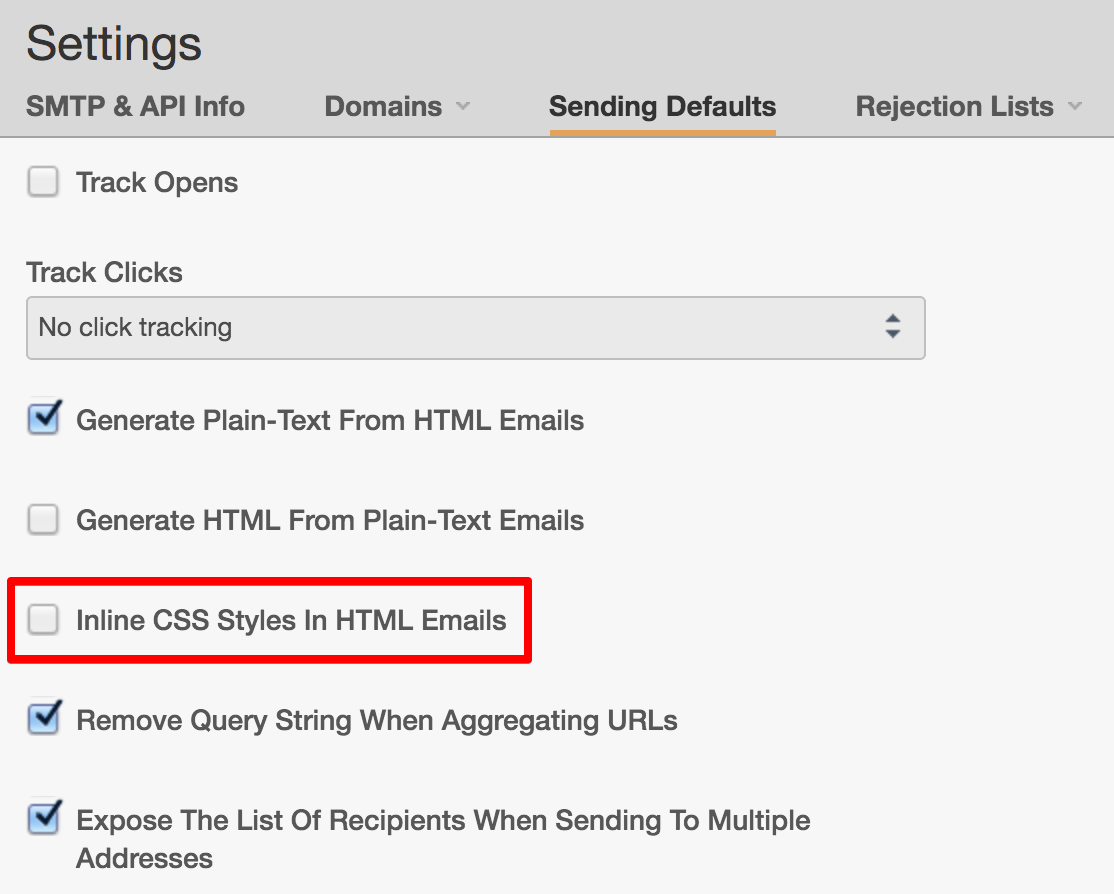 Mandrill Sending Options, with CSS inlining disabled and highlighted