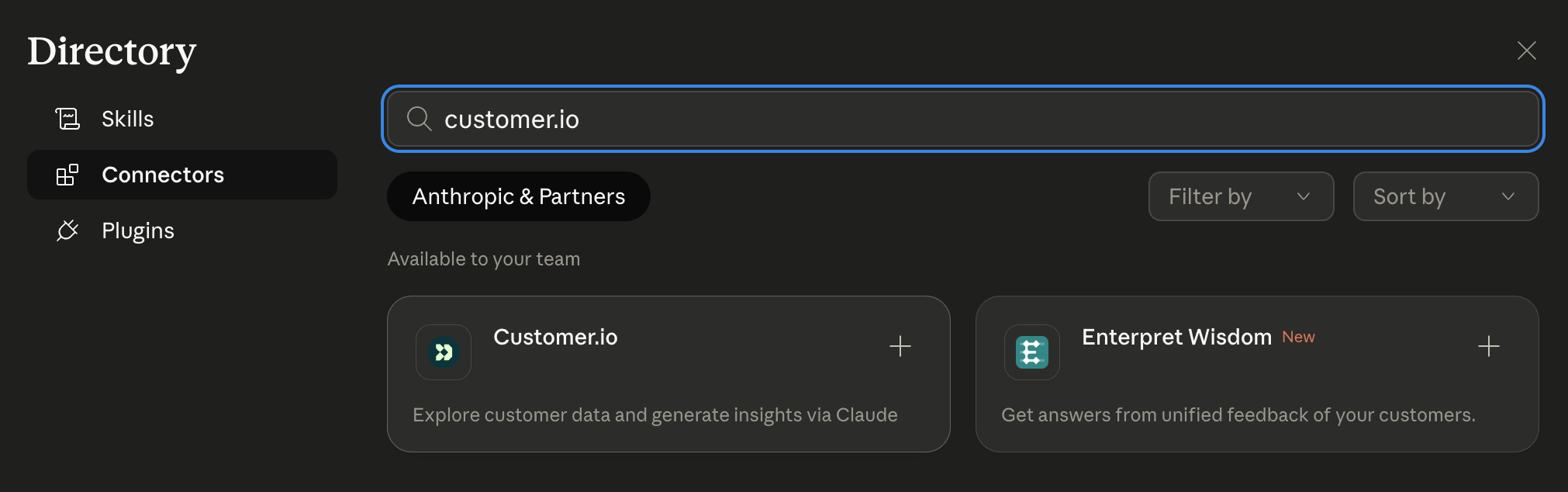 claude's connectors page showing the Customer.io connector