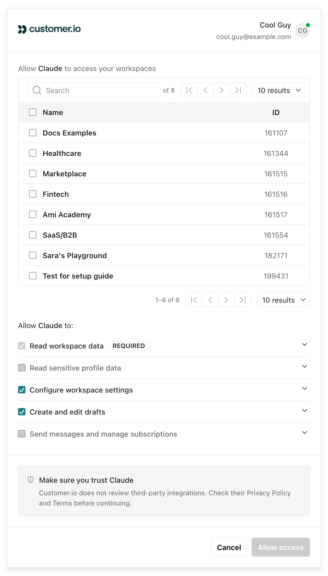The authorization screen where you select workspaces and set permission scopes for your MCP connection