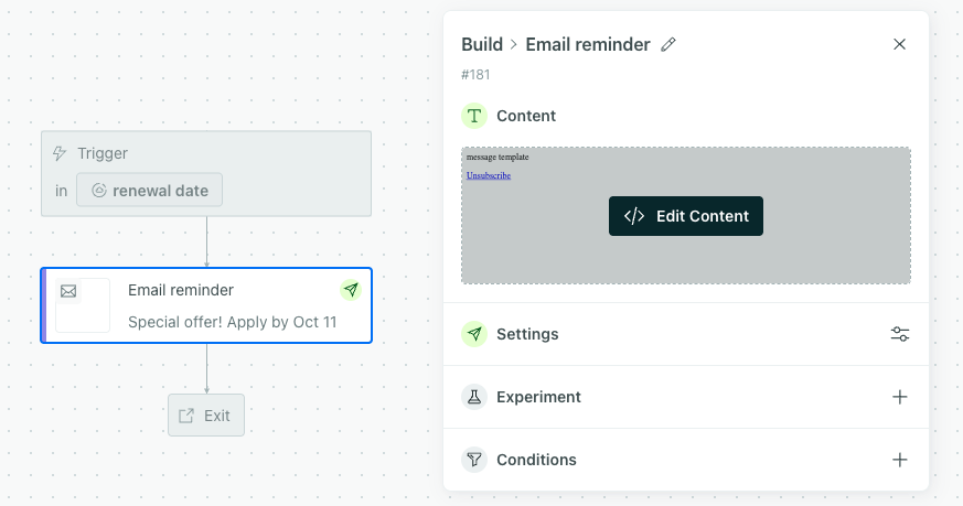 The message settings panel shows the message name, sending behavior, subscription preference, message limit, and action conditions.