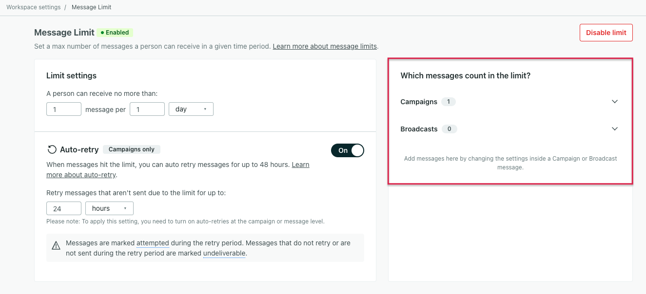 Find the count of campaigns and broadcasts that observe your message limit