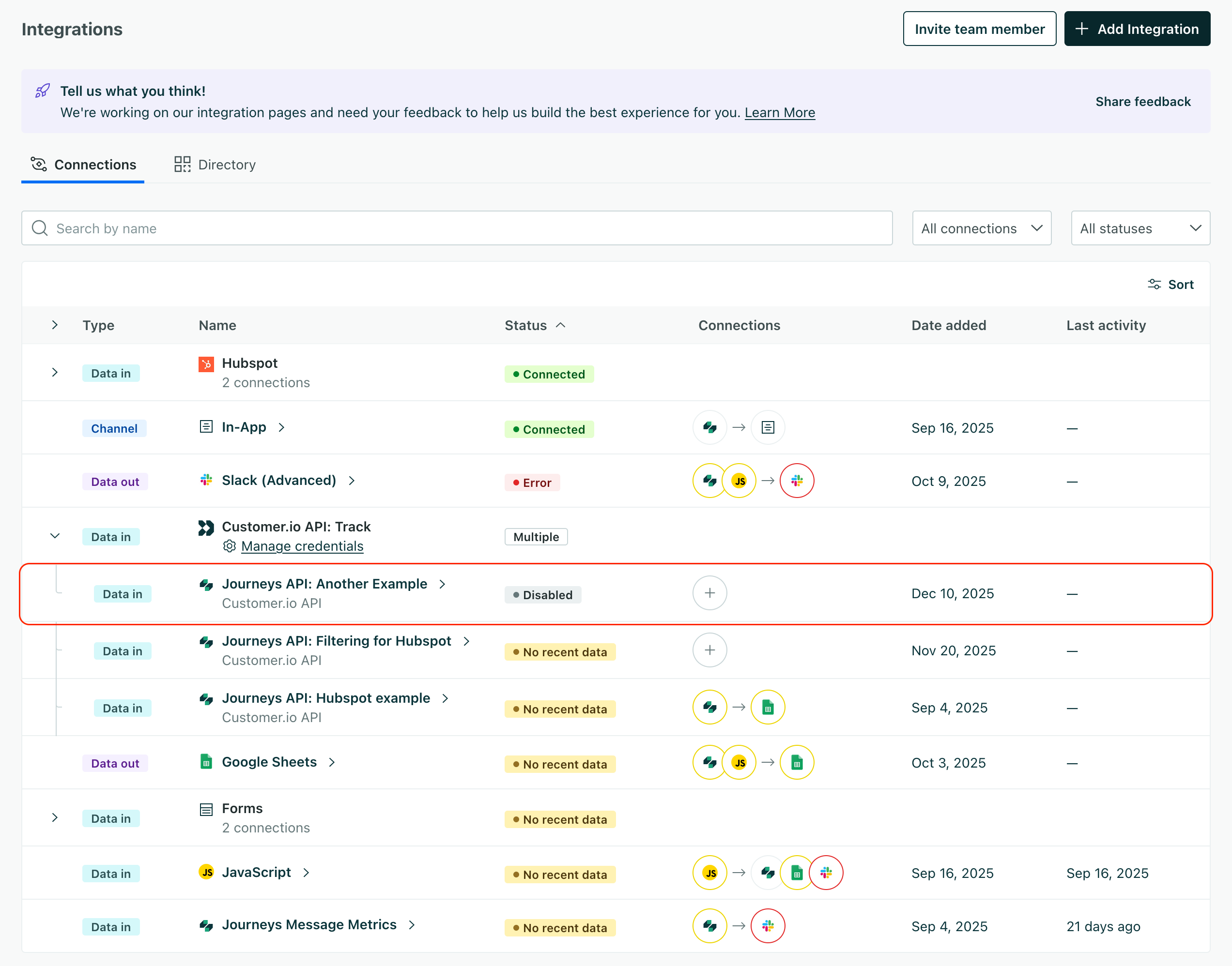 the Data and Integrations page, showing the new track API entry