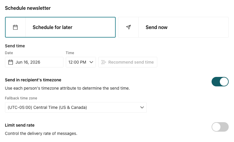 Limit send rate to 1000 messages per hour. A note that it will take at least 2 hours to send based on the volume of recipients.