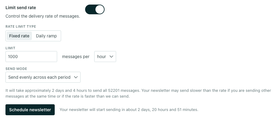 Limit send rate is turned on and shows a fixed rate of 1000 messages per hour, sending evely across each period.