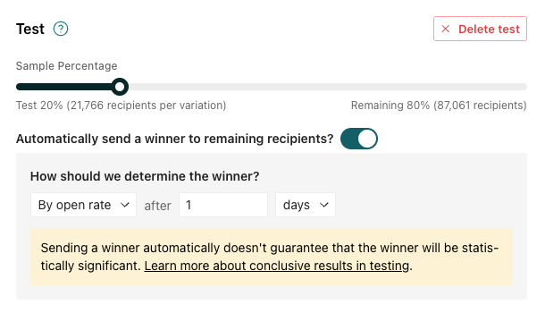 Send a winner it toggled on and the settings show the winner is determined by open rate after 1 day.