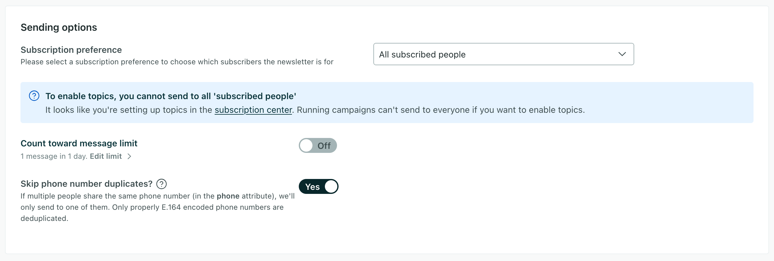 The sending settings for a newsletter. The Skip duplicate phone numbers setting is on.