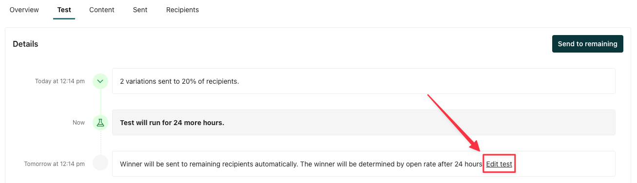 In the test tab of a running newsletter, there's a small button labeled Edit test.