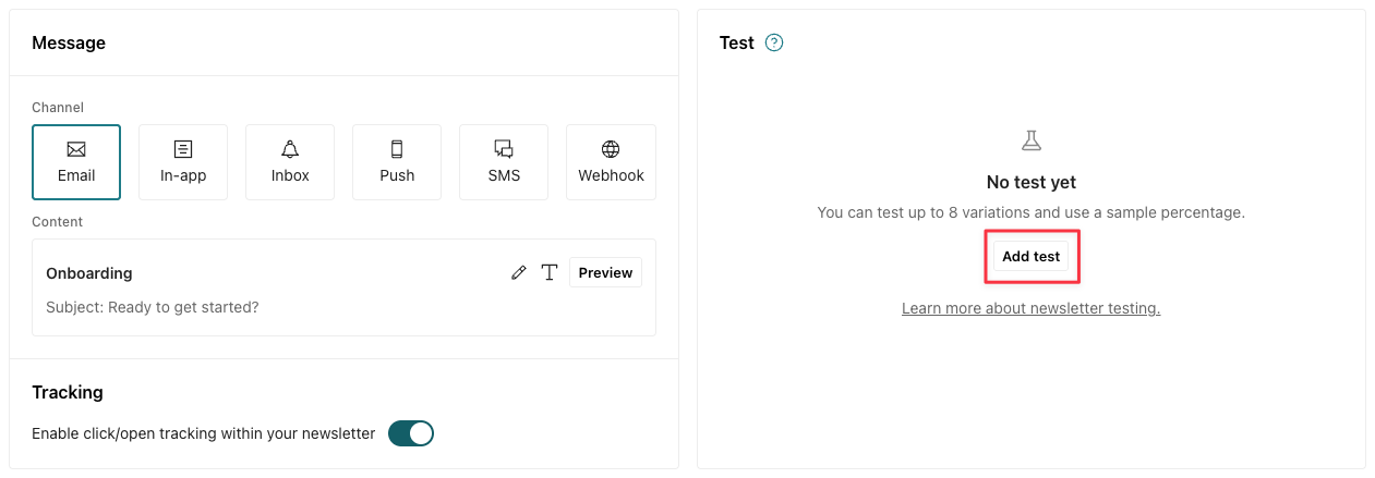 On the right of the Content tab, is a button to add an A/B test.
