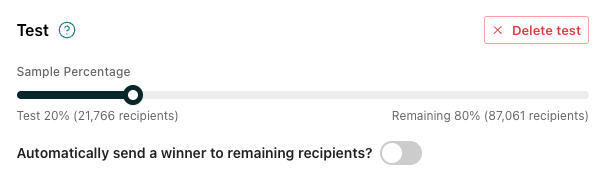 The slider shows 20% of recipients will receive the test variant.