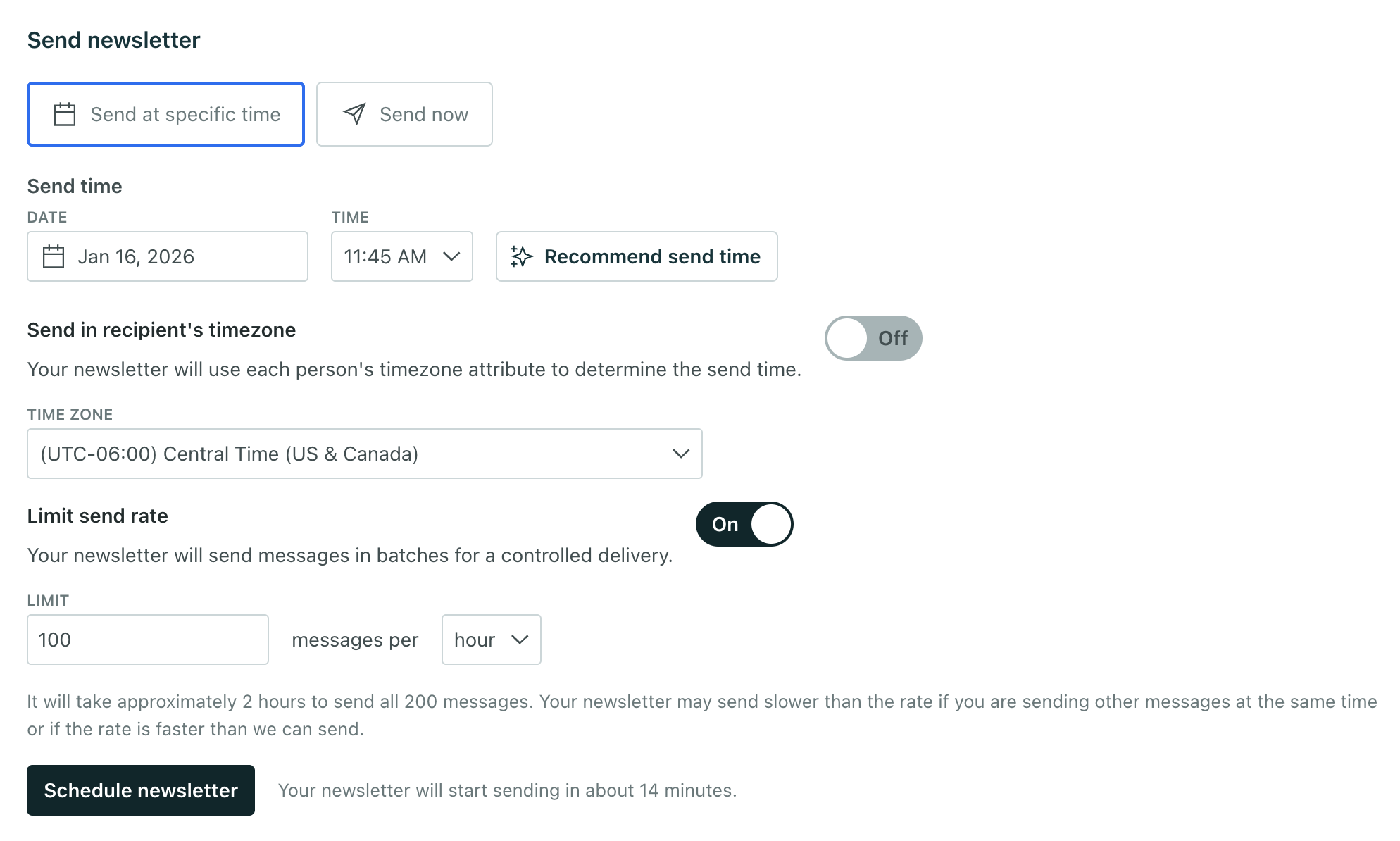 Limit send rate to 1000 messages per hour. A note that it will take at least 2 hours to send based on the volume of recipients.