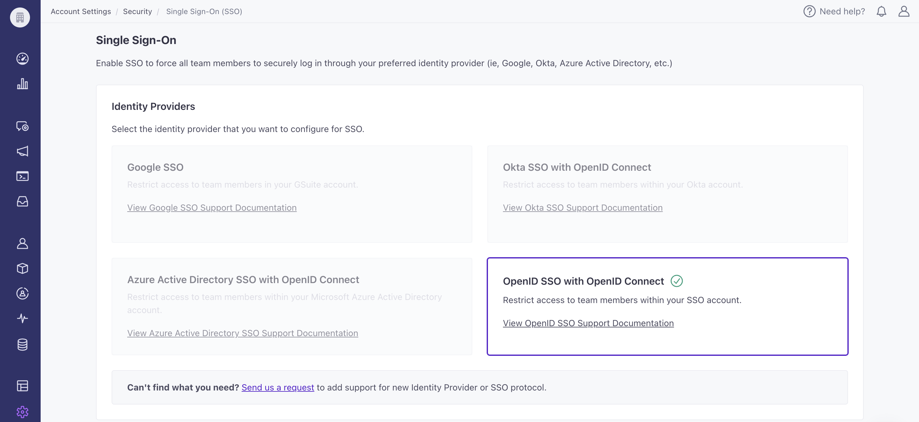 On the Single Sign-on integration page, there are 4 options. The option for openid sso with openid connect is selected.