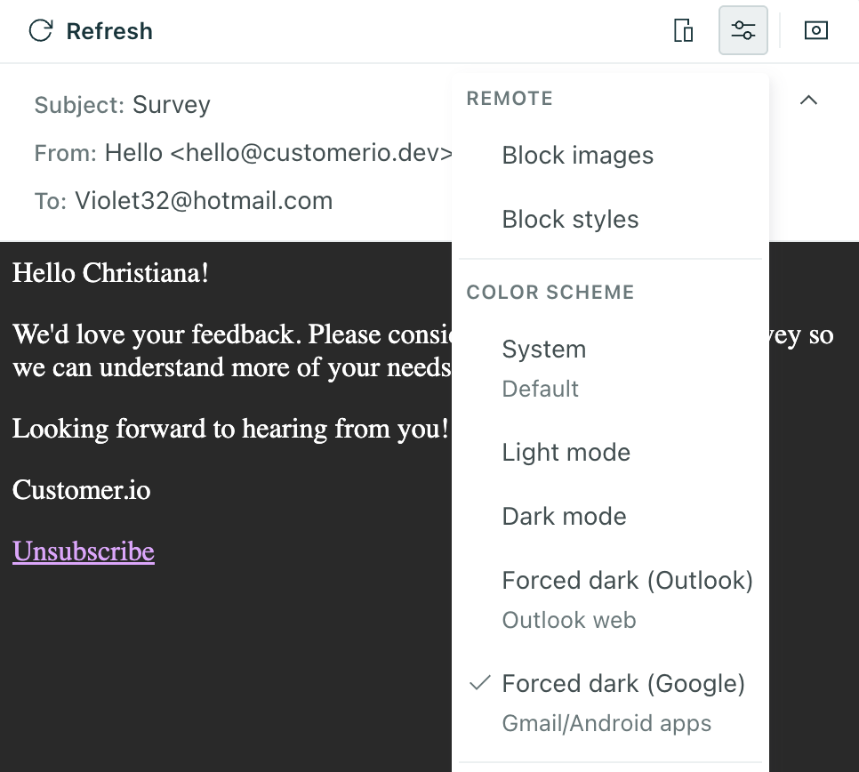 The settings menu in the preview shows options for different color schemes. Force dark mode is selected.