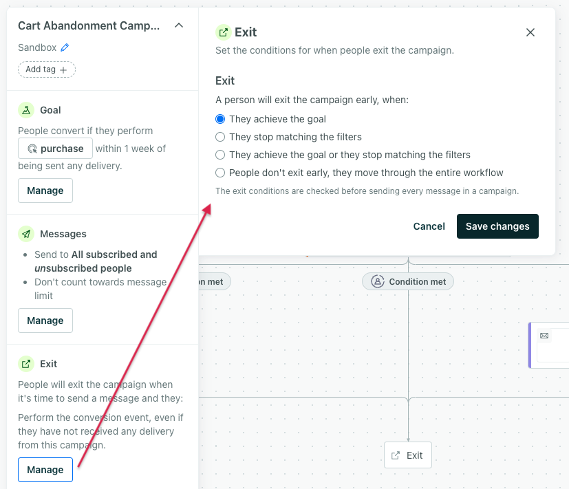 Set up goal and exit criteria for a campaign