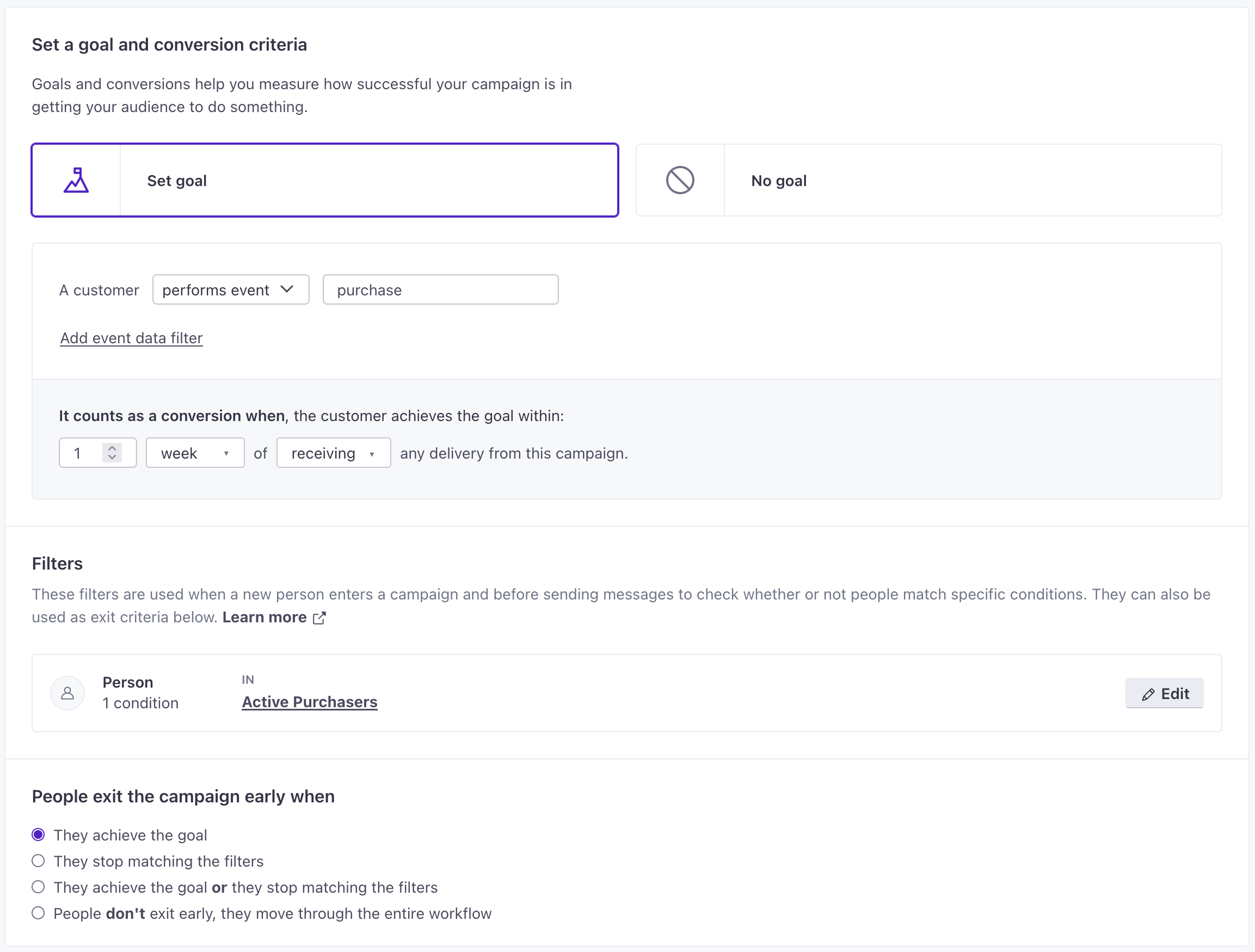 Set up goal and exit criteria for a campaign