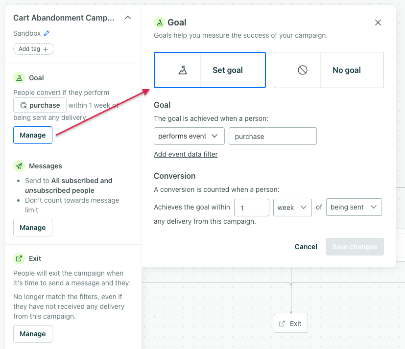 Set up goal and exit criteria for a campaign