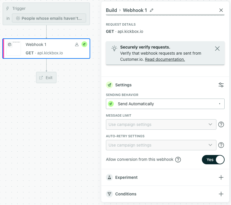 The campaign workflow in Customer.io with the Webhooks action selected. Arrows pointing to the Sending Behavior and Conversion options