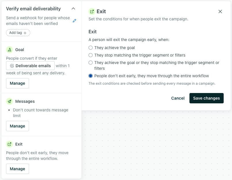 The campaign exit panel is open on the left hand of a campaign.