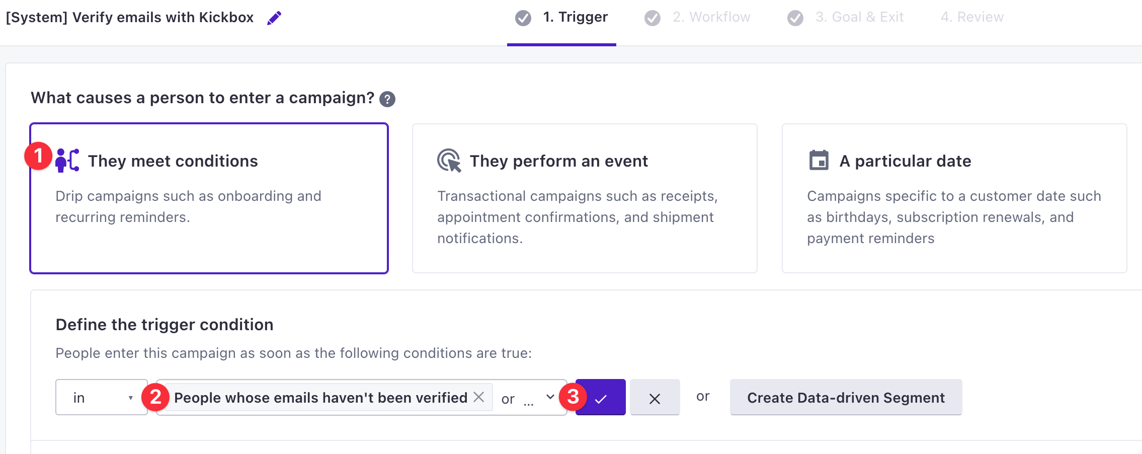 The campaign trigger tab with numbered hints for the trigger conditions