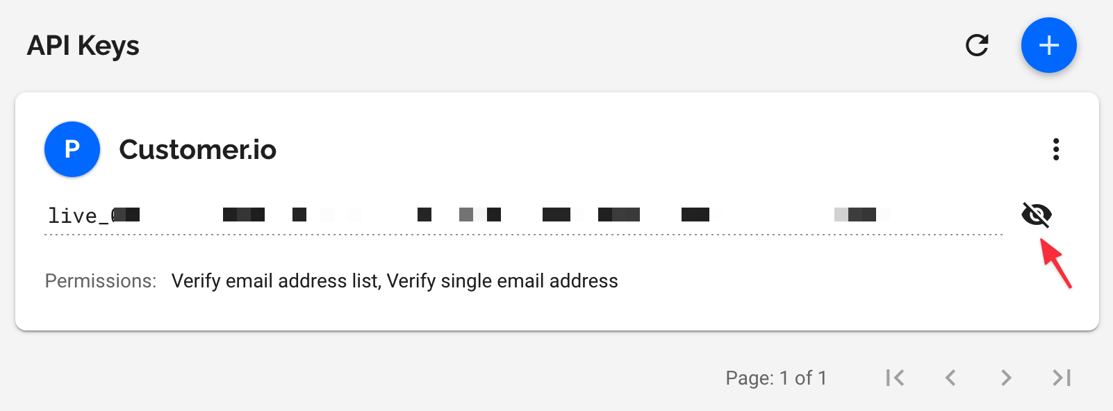 The Kickbox API key with the actual key obfuscated and an arrow pointing to the button allowing to hide/display the key