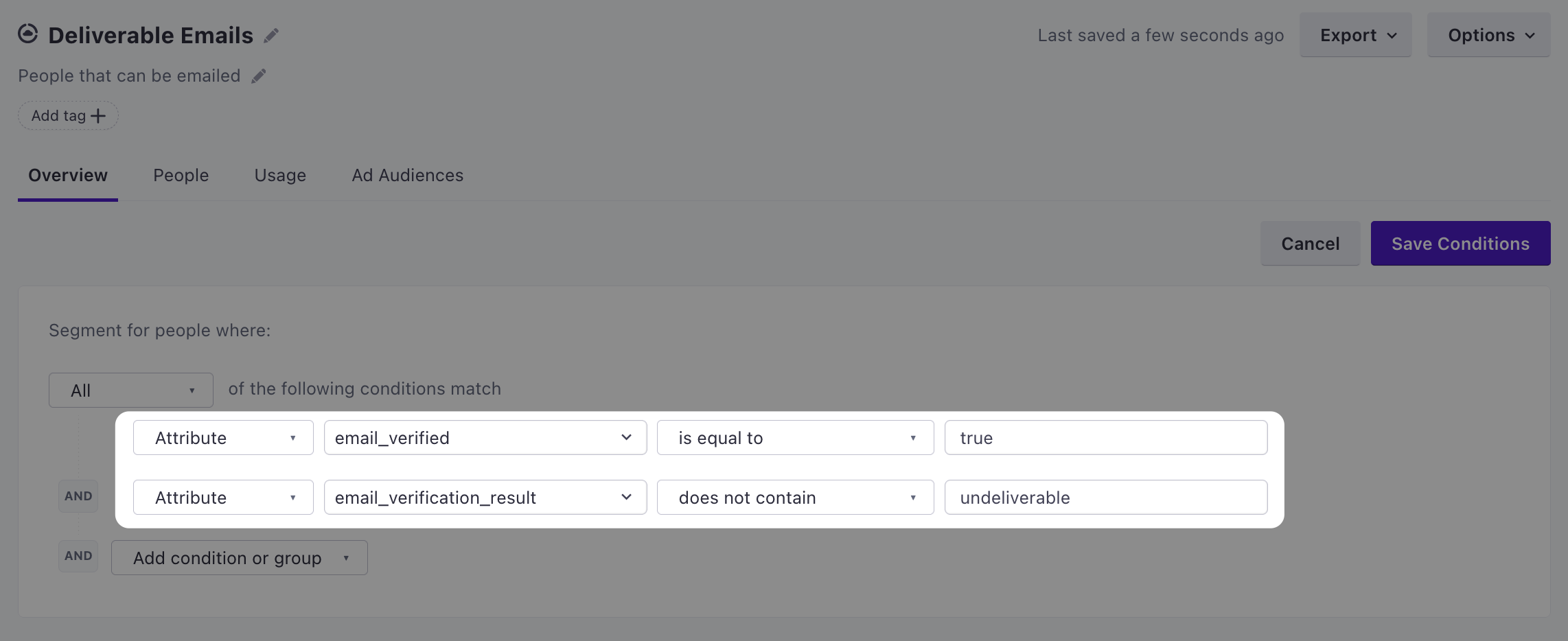 The segment we'll use as a Goal and it conditions highlighted