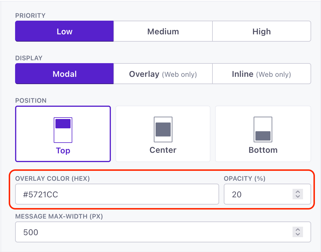 Customize the overlay color of modal in-app messages