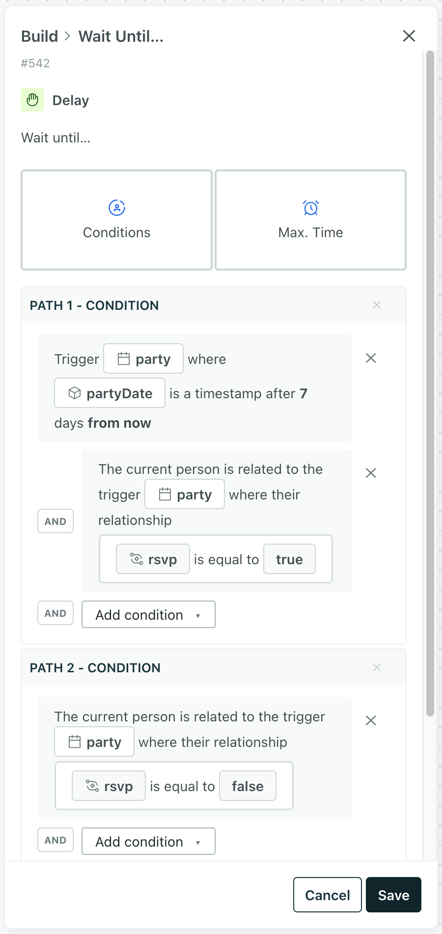 Wait to send messages until objects and relationships meet conditions