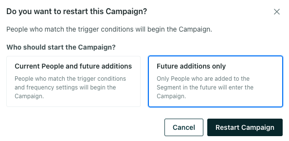 After Restart is clicked, a prompt appears asking you to choose to start the campaign for all current and future additions or just future additions.