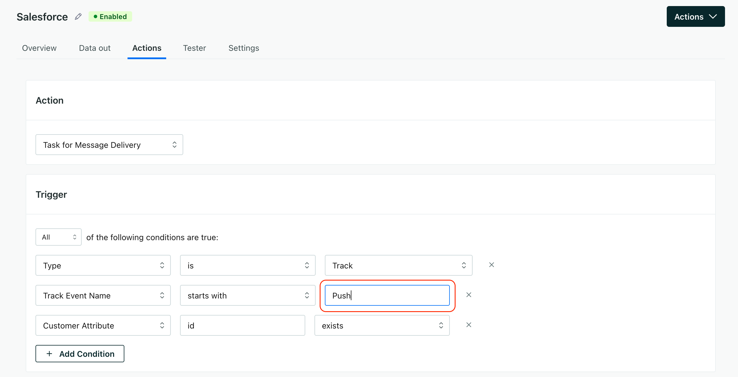 Update the trigger for the Task for Message Delivery action to capture push notifications