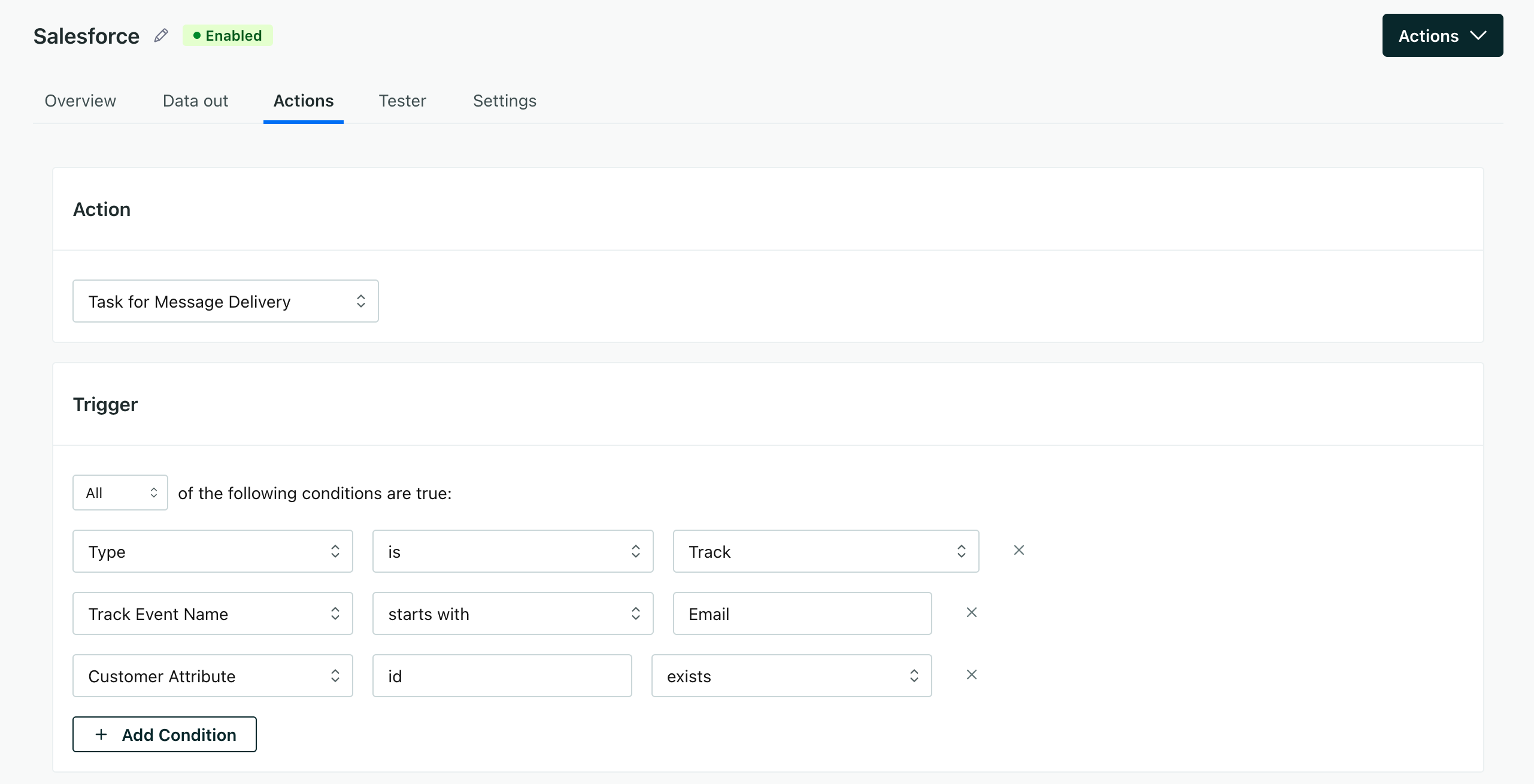 The default settings for the Task for Message Delivery action