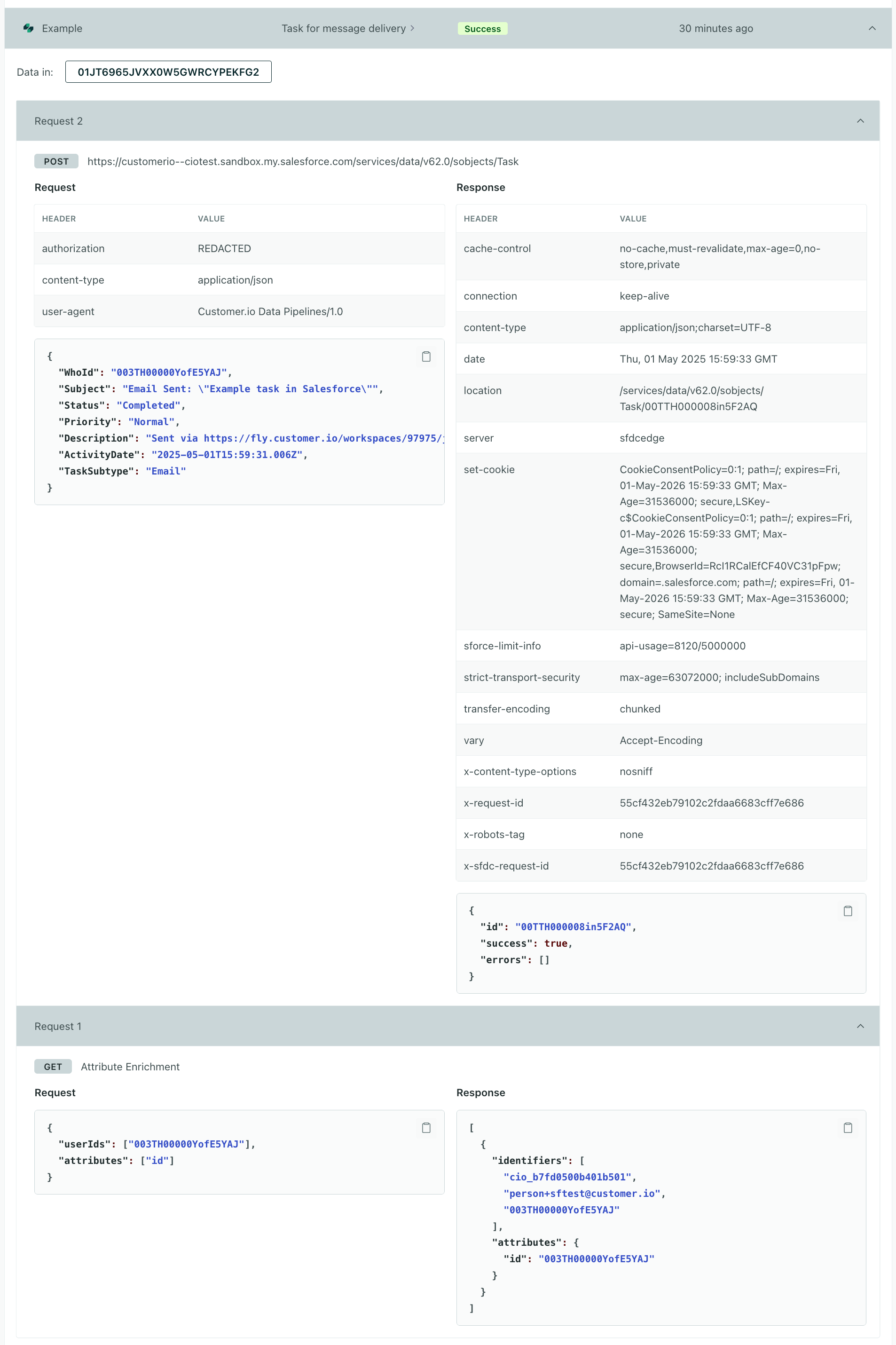 The Data out tab for your Salesforce integration showing two requests for a task