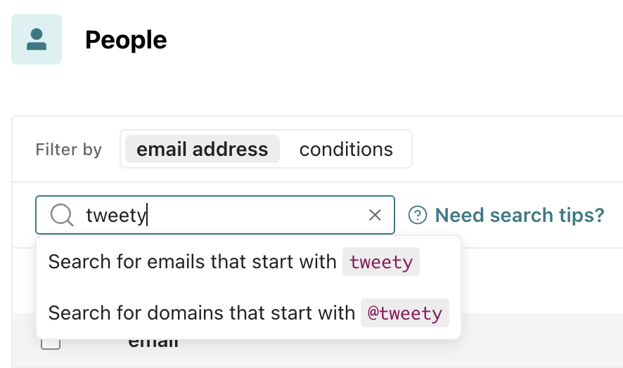 Tweety is typed into the search field. There are two dropdown optiions.